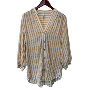 Zara Trf Collection Mustard Yellow Striped Mother of Pearl Blouse Size XS